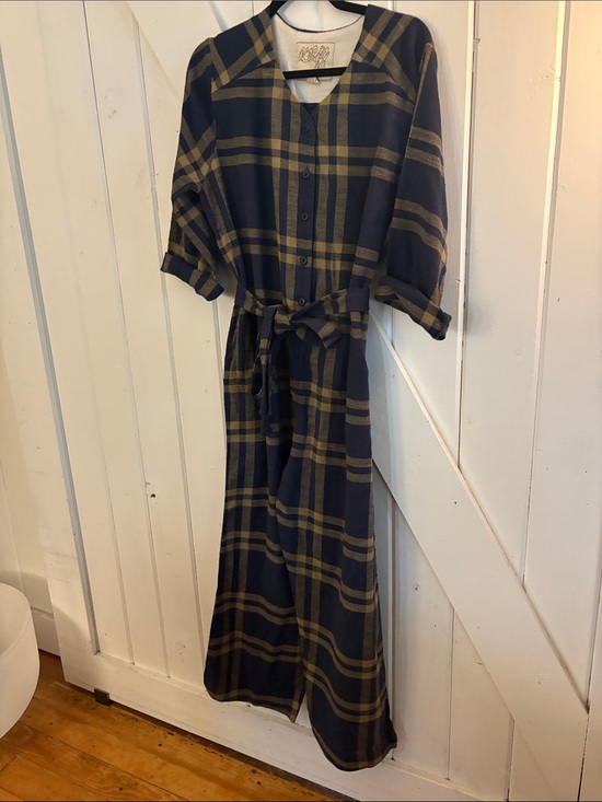 Ace & Jig Pants - Ace & Jig Button-Front Plaid Jumpsuit with Waist Tie - Navy & Olive